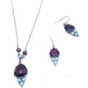 NRT Inspired Beaded Gemstone Drop Necklace & Earring Set Silver Tone 15-18 Inch